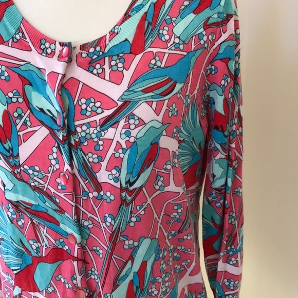 NWT! Talbots medium pink multi bird print cardigan - Picture 2 of 8